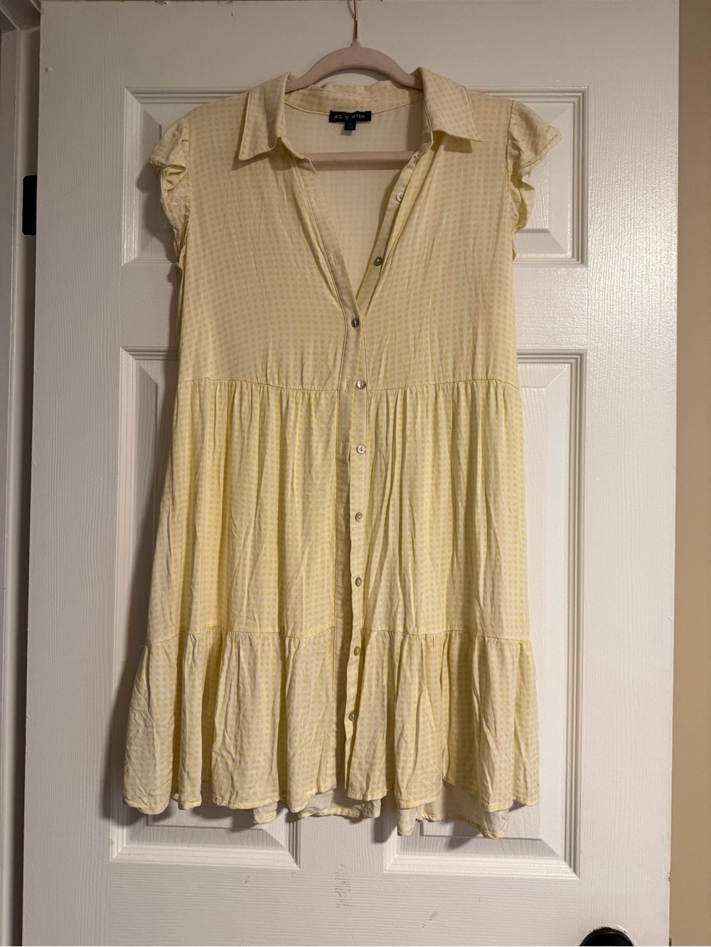 As U Wish Lemon Yellow Button-Front Tiered Mini Dress
